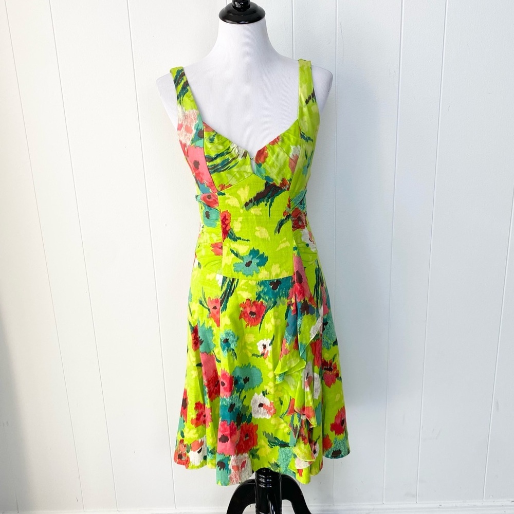 Nanette Lepore Lime Green & Red Roses Ruffle Summer Dress Sleeveless Midi Size 4